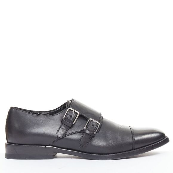 SAINT LAURENT Shoes - SAINT LAURENT black leather silver buckle double monk strap oxford shoes EU35.5
